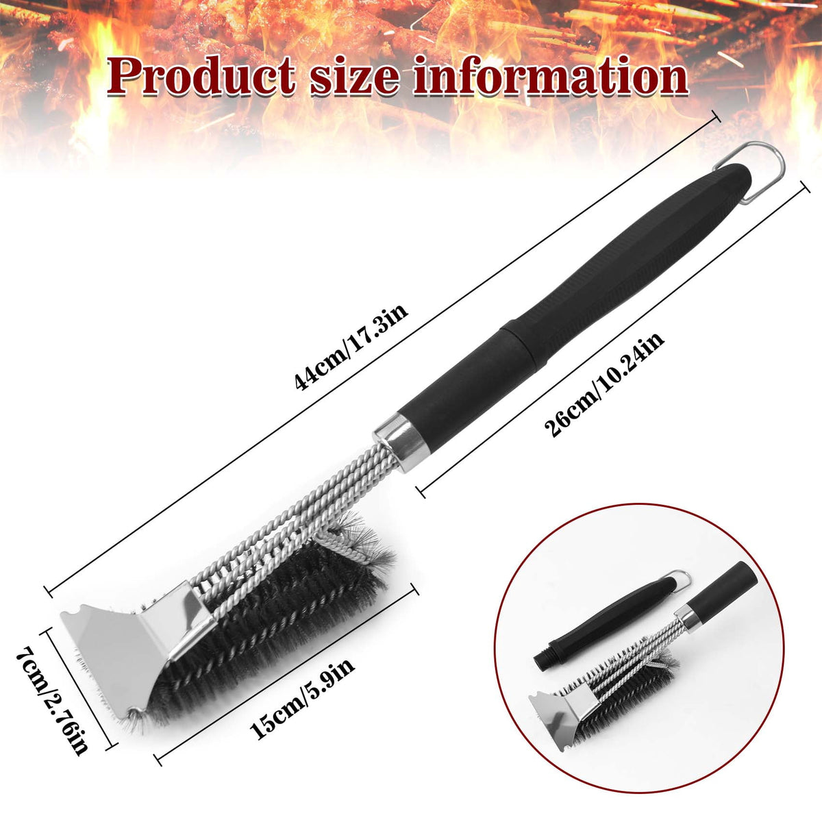 Grill Brush and Scraper, 3-in-1 BBQ Grill Brush for Outdoor Grill, 17.3" Heavy Duty Steel Wire Grill Cleaner, Detachable PP Handle, Gifts for Daddy