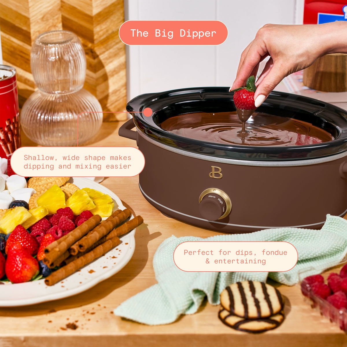 Beautiful 2.5 Qt Dip and Serve Manual Slow Cooker, Chocolate by Drew Barrymore