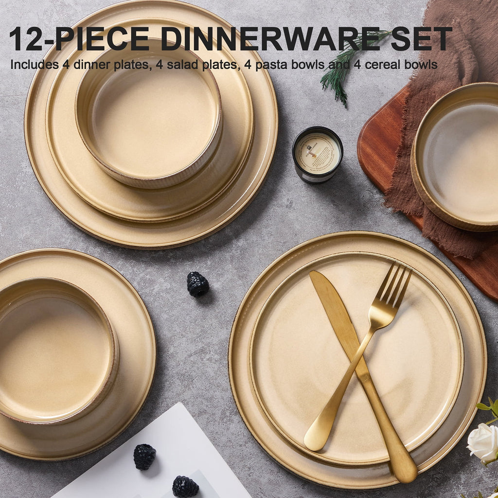 Vesteel 12 Pieces Dinnerware Set for 4, Premium Stoneware Ribbed Dishes, Chip & Scratch Resistant Plates and Bowls Set for Home Restaurant, Microwave and Dishwasher Safe - Speckled White