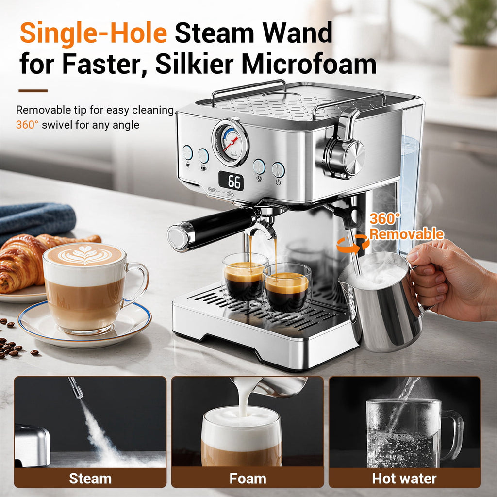 Ecojoy Espresso Machine, Barista Espresso Maker with Steam Wand | LCD Display, Custom Brew Temp, Latte & Cappuccino Machine, 20-Bar Pump, Powerful Steam Wand, 1.8L Removable Water Tank