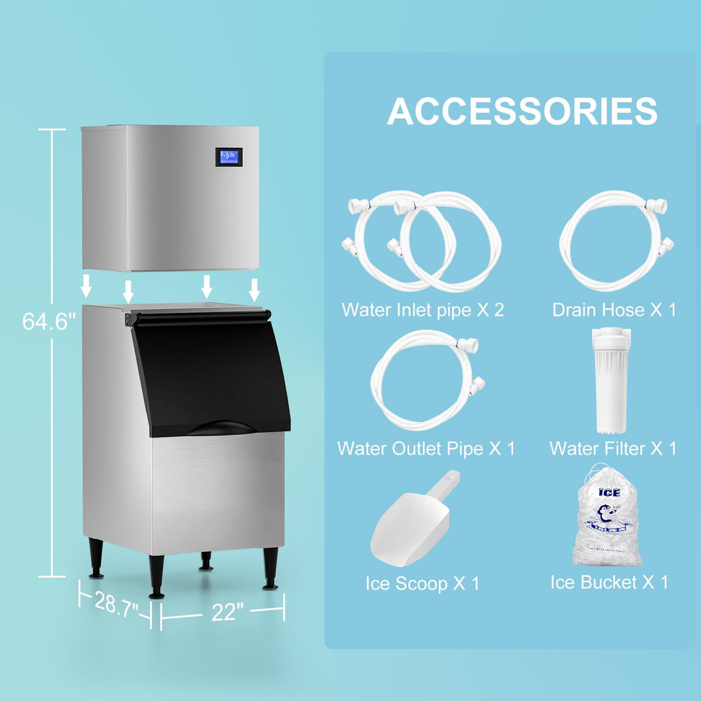 OUTBID Split Commercial Ice Maker Machine 600LBS/24H with 350lbs Ice Bin, Nugget Ice Makers Commercial, Clear Cube Pellet Ice Maker, Fast Ice Maker Ice-Ready in 8-15mins
