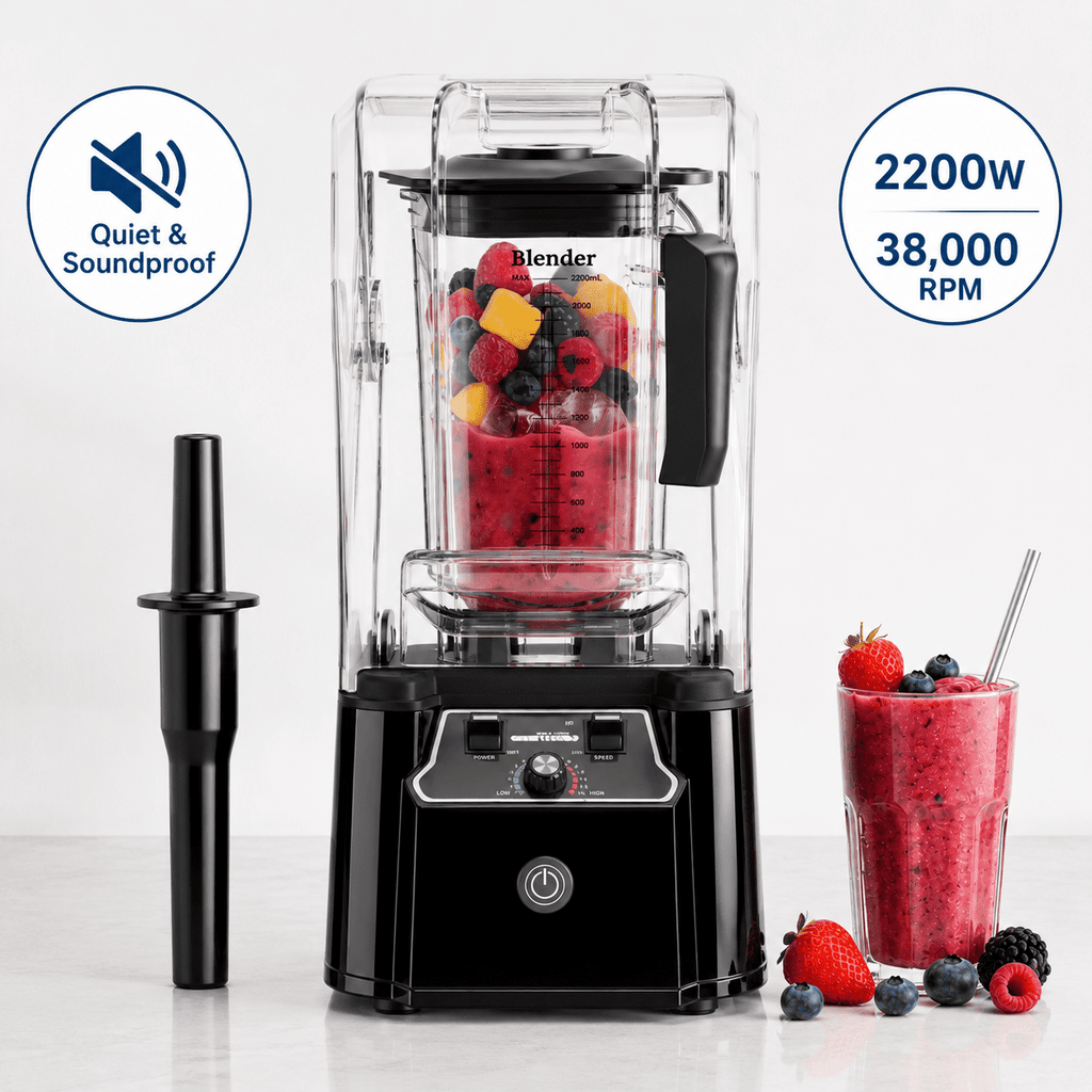 WantJoin Blender-Commercial Blender with Soundproof Shield, Enclosure 2200W ,Quiet Professional-Grade Power,Self-Cleaning,Gray