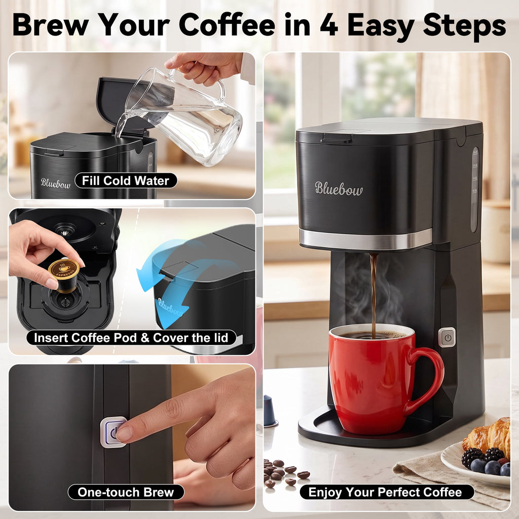 3 in 1 Single Serve Coffee Maker, Instant Coffee Maker One Cup for K Cup & Ground Coffee & Tea, Capsule Coffee Machine with 6-12oz Brew Size Reservoir, Fast Brewing and One Button, Black