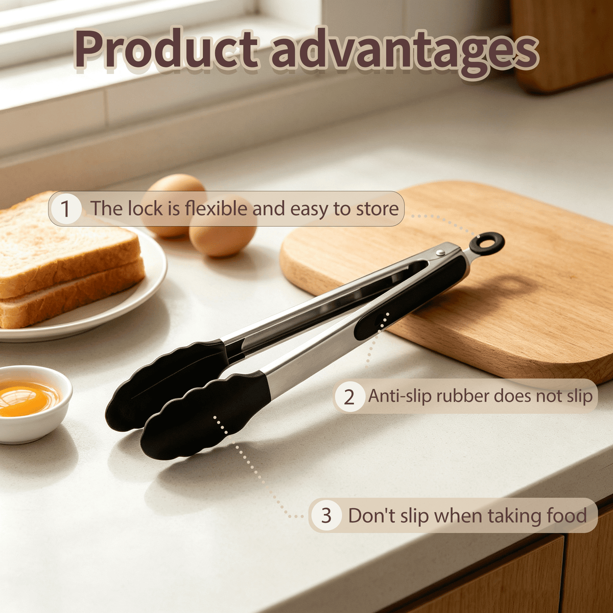 Non-stick black kitchen tongs with silicone tips, heat-resistant up to 480°F, 3-piece set (7“, 9”, 12"), featuring non-stick silicone tips and stainless steel handles. Ideal for cooking, serving, gri