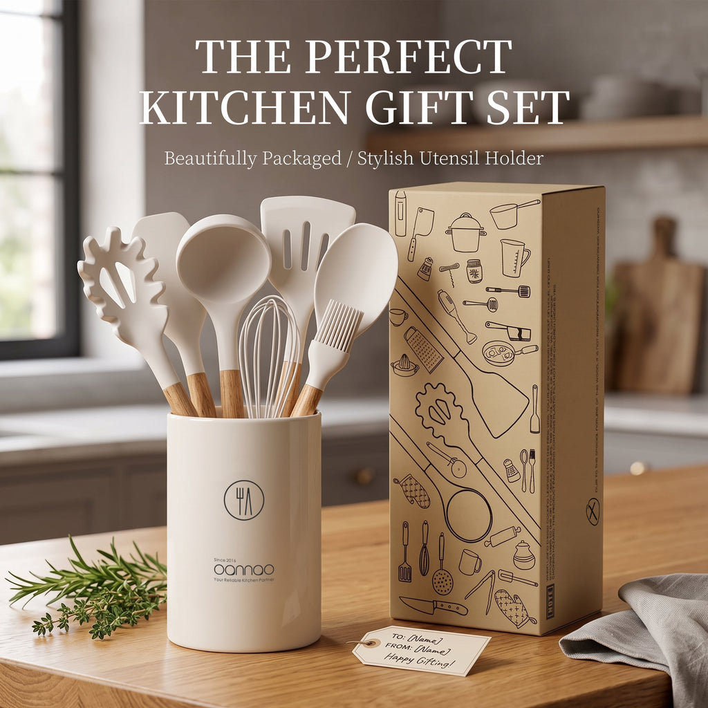 Silicone Cooking Utensils Set - Silicone Kitchen Utensils for Cooking Wooden Handles, 446°F Heat Resistant Kitchen Utensil Spatula Sets w Holder, Gadgets for Non-Stick Cookware BPA FREE (Black)