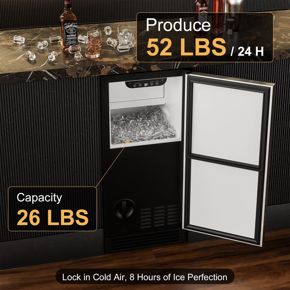OUTBID Ice Maker Machine Crystal Clear Bullet Ice 52 lbs/24H with Spray Technology, Undercounter Commercial Ice Cube Maker, Built-In for Home Bar and Kitchen