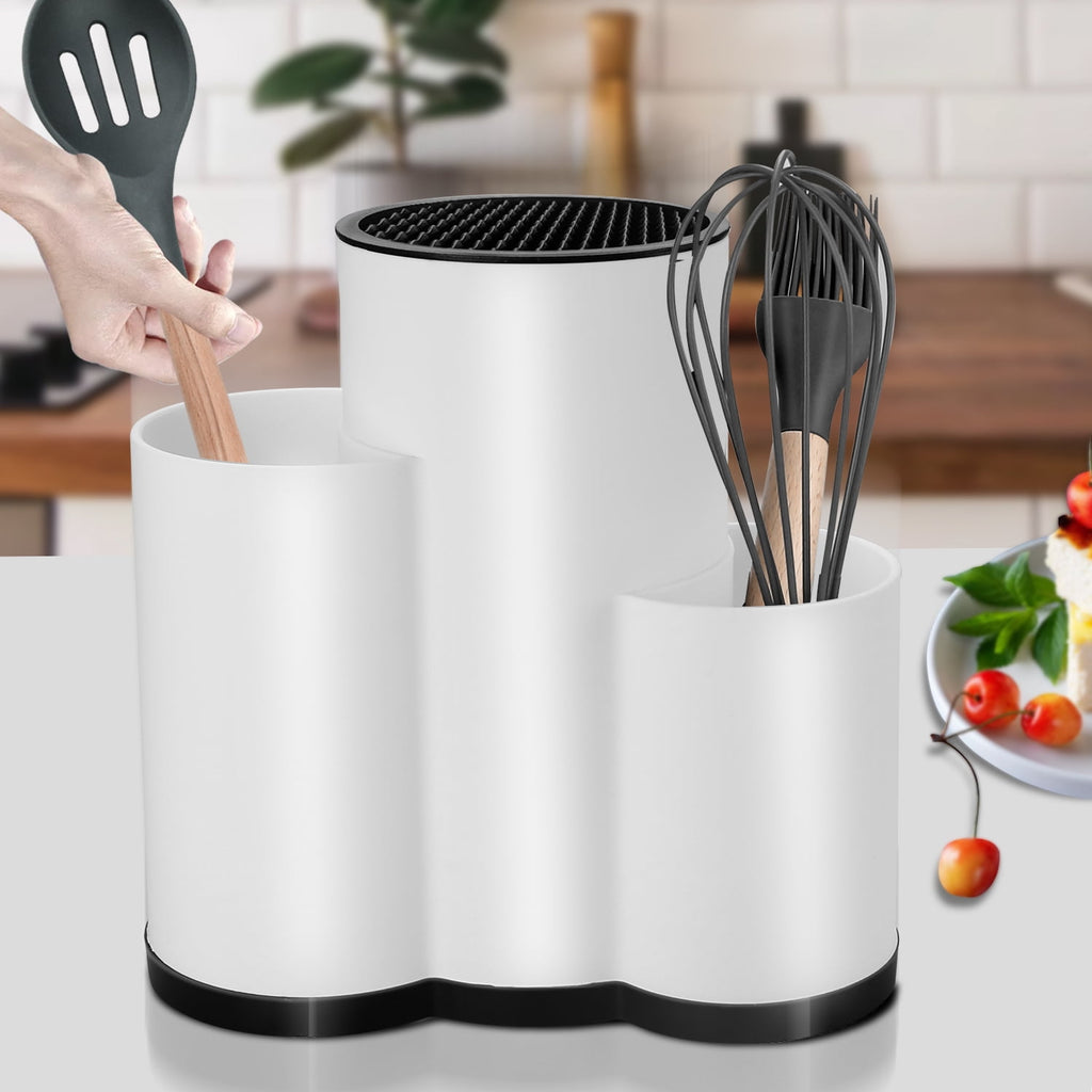 Knife Holder Kitchen 2-in-1 Universal Block without Knives Silverware Storage Stand with Drain Hole,for Countertop and Cabinet Drawer,White