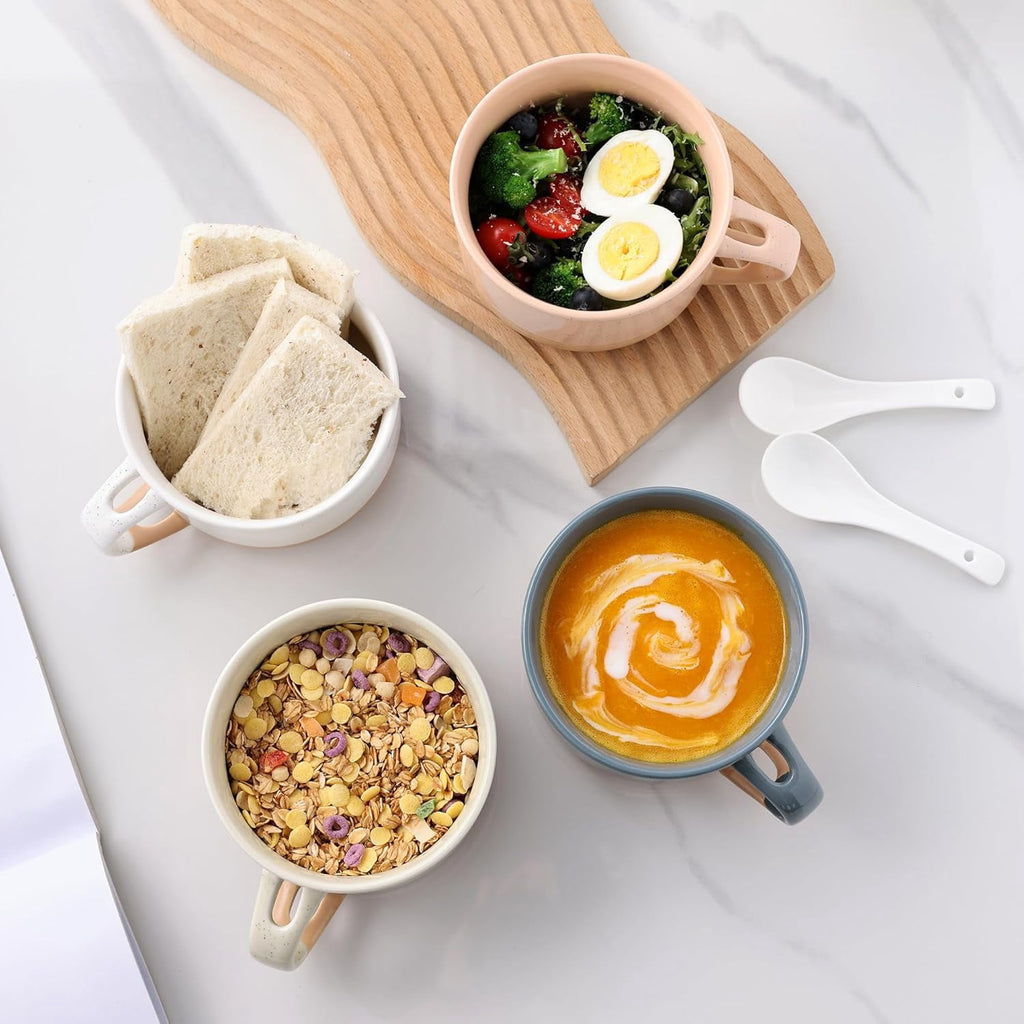 AmorArc Ceramic Soup Mugs with Handles and Lids,24 OZ Soup Cups Set of 2 with Terracotta Underside,Mug Bowls with Spoon for Soup/Cereal/Salad/Noodles/Ramen/Microware &Dishwasher Safe-White &Peach