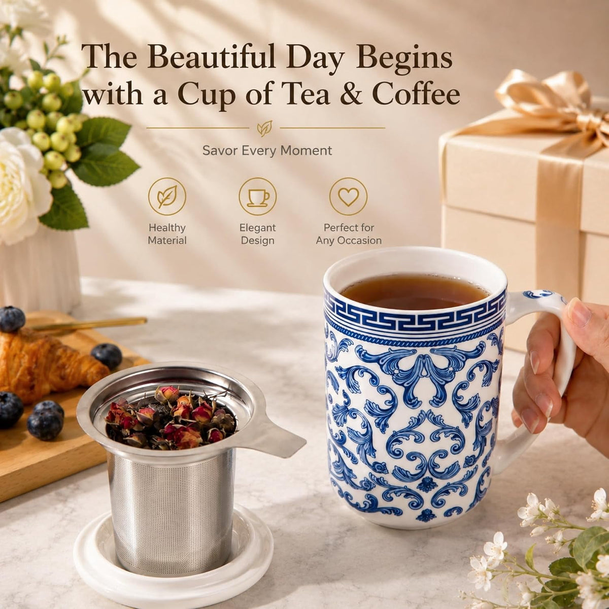 AmorArc Porcelain Tea Mug with Infuser and Lids, 18 Oz Cup Strainer Bag Holder for Loose Leaf Tea, Steeping Coffee Well-wrapped Box House-warming Wedding Birthday Gift, YelloRed
