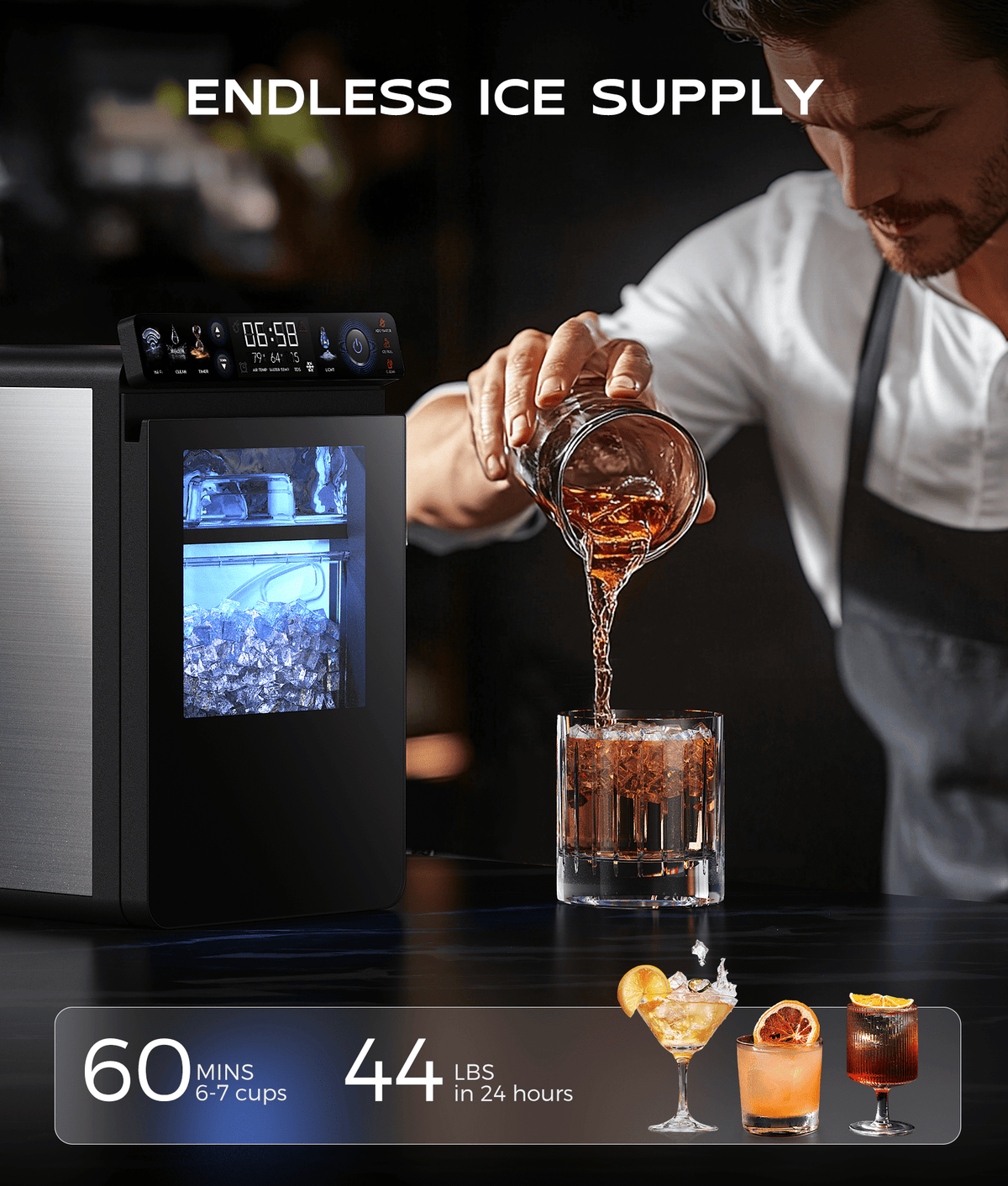 Ecozy Chillio Nugget Ice Maker Countertop with App Control, Smart Pebble Sonic Ice Machine, 44LBS/24H Soft Chewable Pellet Ice