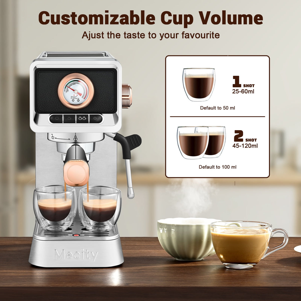 Mecity Espresso Machine with Steam Wand, 20 Bar Pressure, Stainless Steel