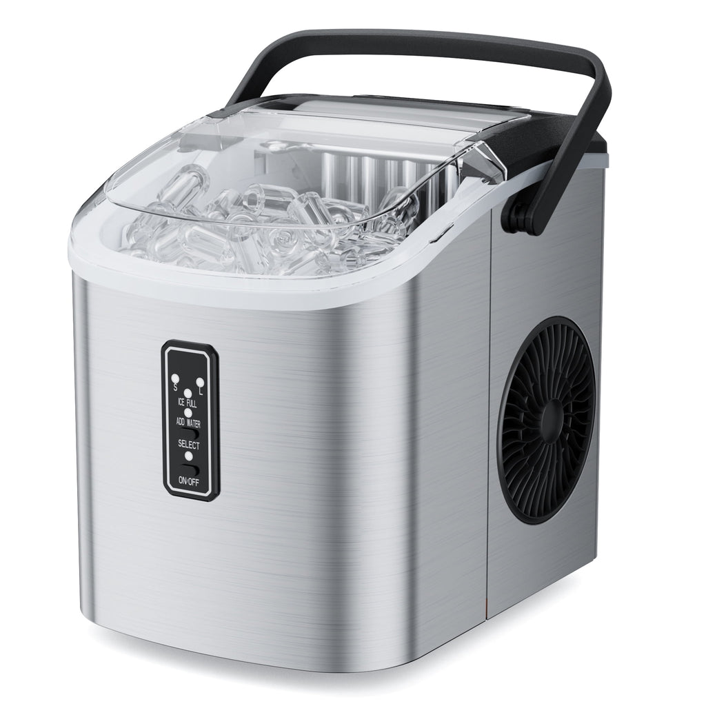 Snowyermine Countertop Ice Maker with Handle, 26 lbs/24H Portable Ice Machine, 2 Bullet Ice Sizes, 9 Cubes in 6 Minutes, Self-Cleaning for Home, Bar, RV and Camping