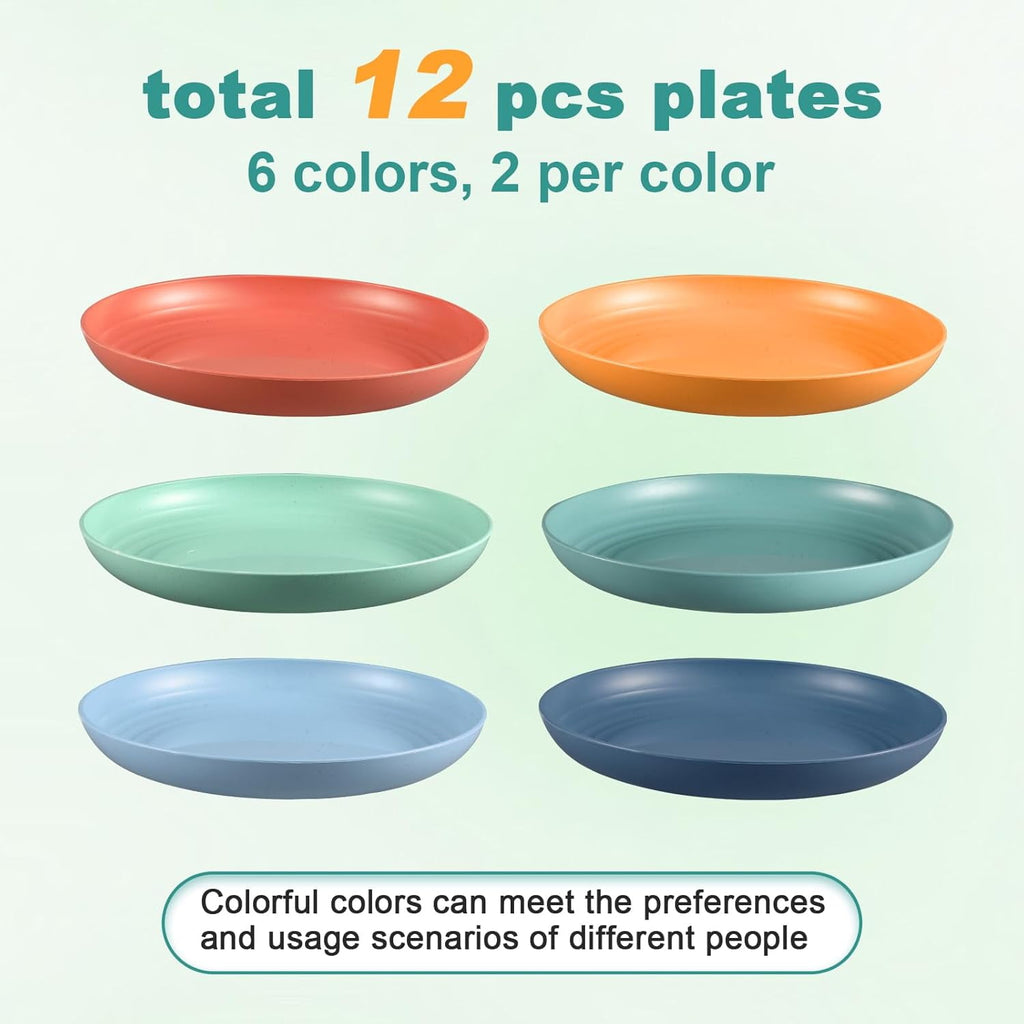 10 Inch Wheat Straw Plates, 12 Pcs Unbreakable Dinner Set, BPA Free, Microwave & Dishwasher Safe, Eco-Friendly, 6 Colors, Lightweight