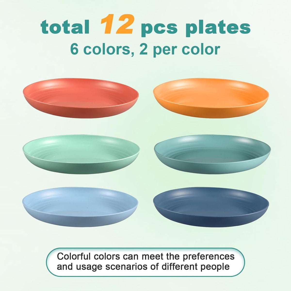 10 Inch Wheat Straw Plates, 12 Pcs Unbreakable Dinner Set, BPA Free, Microwave & Dishwasher Safe, Eco-Friendly, 6 Colors, Lightweight