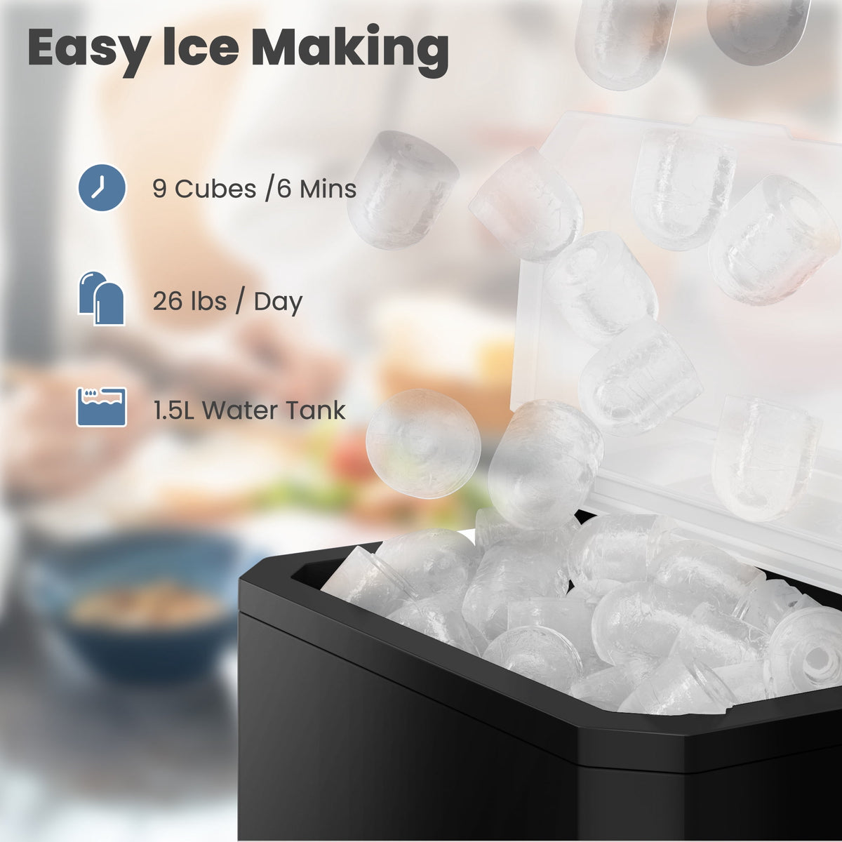 CONCETTA Portable Ice Maker Machine, 26.5 lb/Day Ice, Two Ice Sizes, Self-Cleaning Function, Bullet Ice Maker with Ice Scoop & Basket, Green