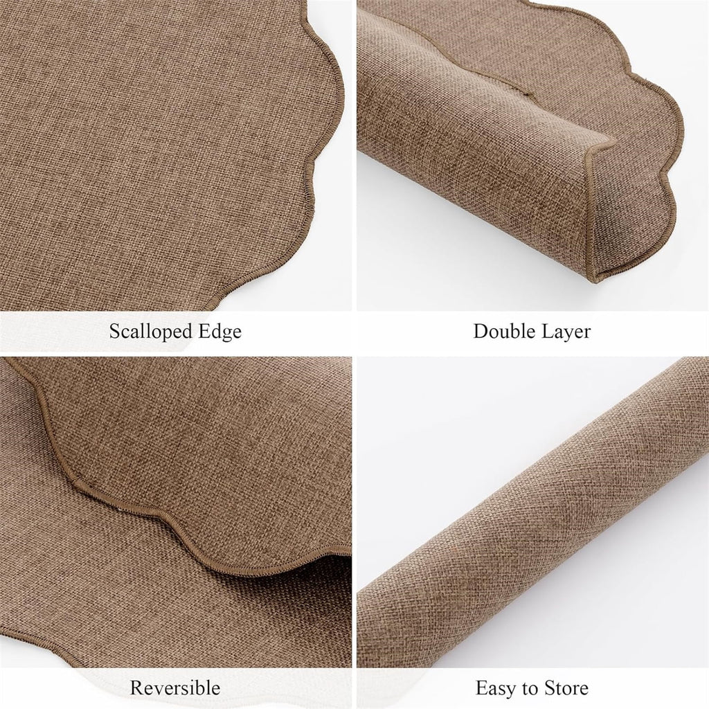 Ileading Scalloped Round Placemats Set of 6 Polyester Linen Blend Washable Non Slip Place Mats Easy Clean Heat Resistant Table Mats for Kitchen Dining Table Decor