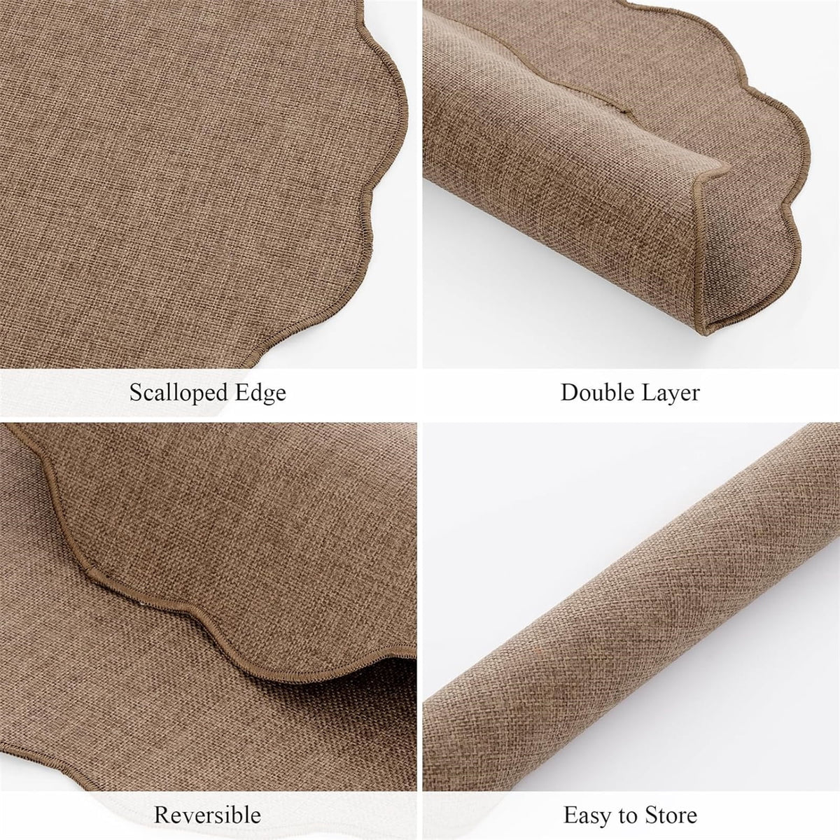Ileading Scalloped Round Placemats Set of 6 Polyester Linen Blend Washable Non Slip Place Mats Easy Clean Heat Resistant Table Mats for Kitchen Dining Table Decor