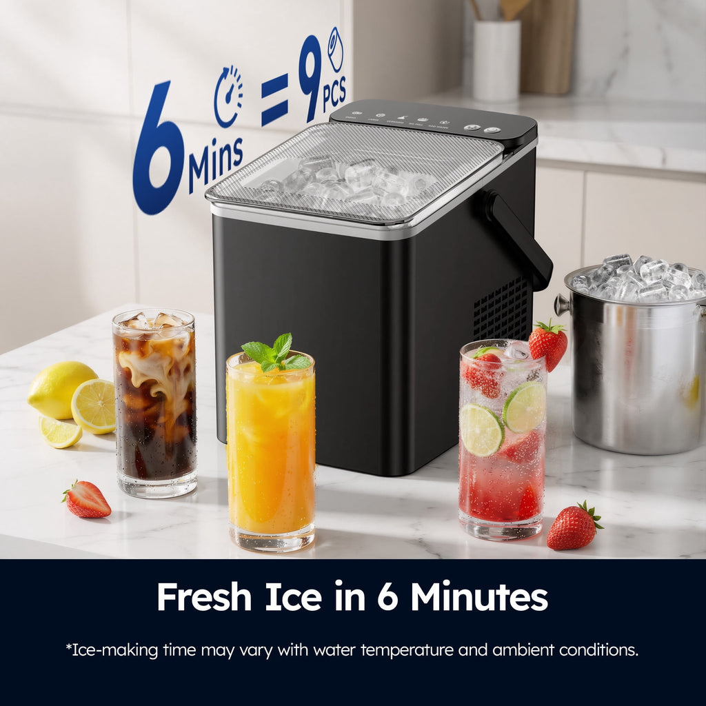 SIMZLIFE Portable Countertop Ice Maker, 26 Lbs/Day, 9 Bullet Ice Cubes in 6 Minutes, 2 Ice Sizes, Self-Cleaning Ice Machine, Black