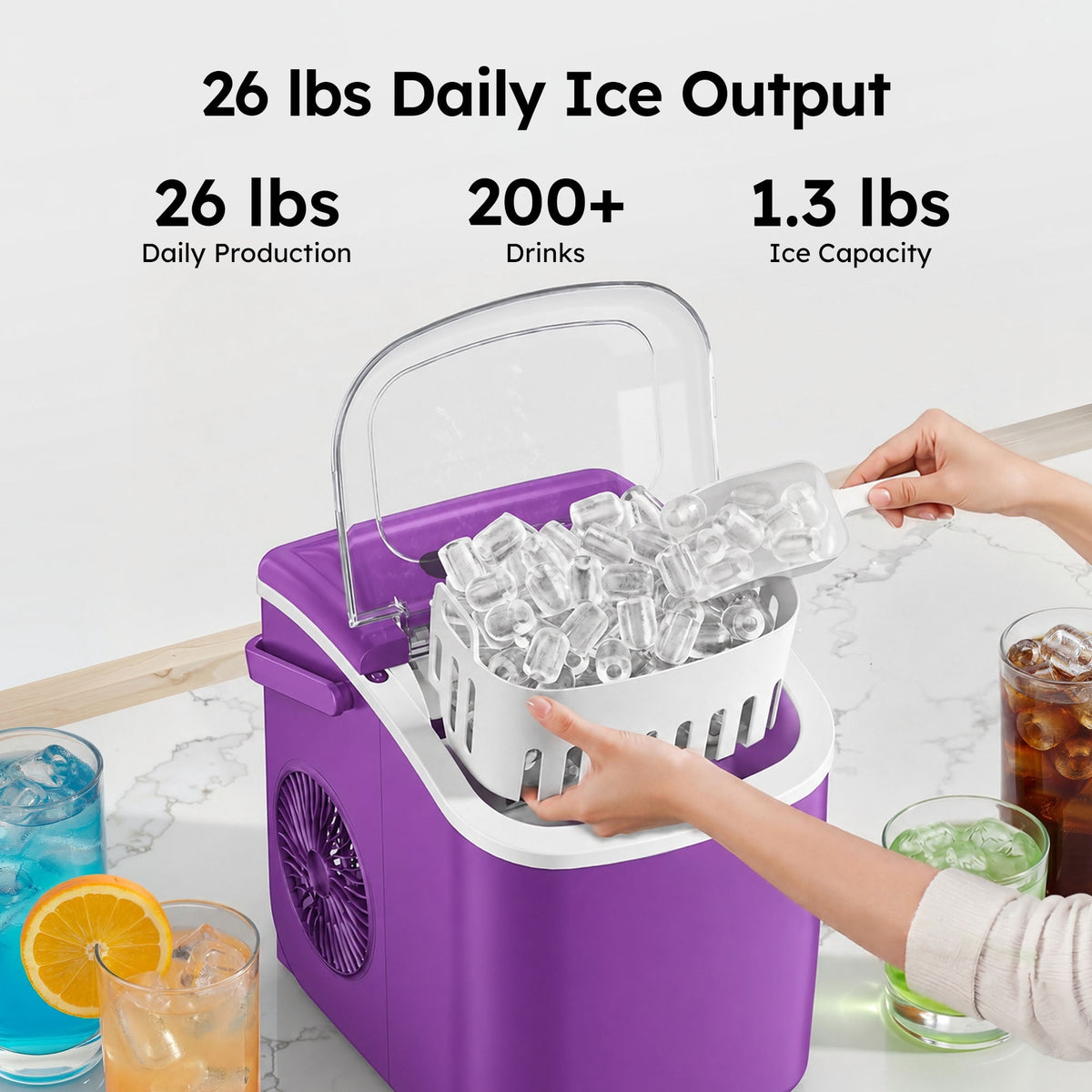 Simzlife Countertop Ice Maker, 26 Lbs/24H, 9 Bullet-Shaped Ice Cubes in 6 Minutes, Auto-Cleaning Ice Machine, Black