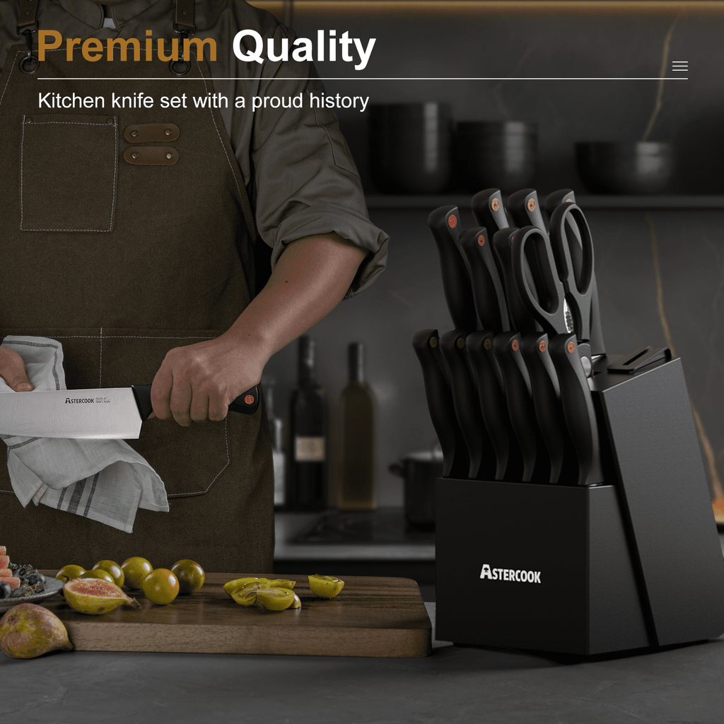 Astercook 15-Piece Kitchen Knife Set, Knives Block Set with Built-in Sharpener, Healthy Anti-Rust Coating & German Stainless Steel Knife Set, Dishwasher Safe Black