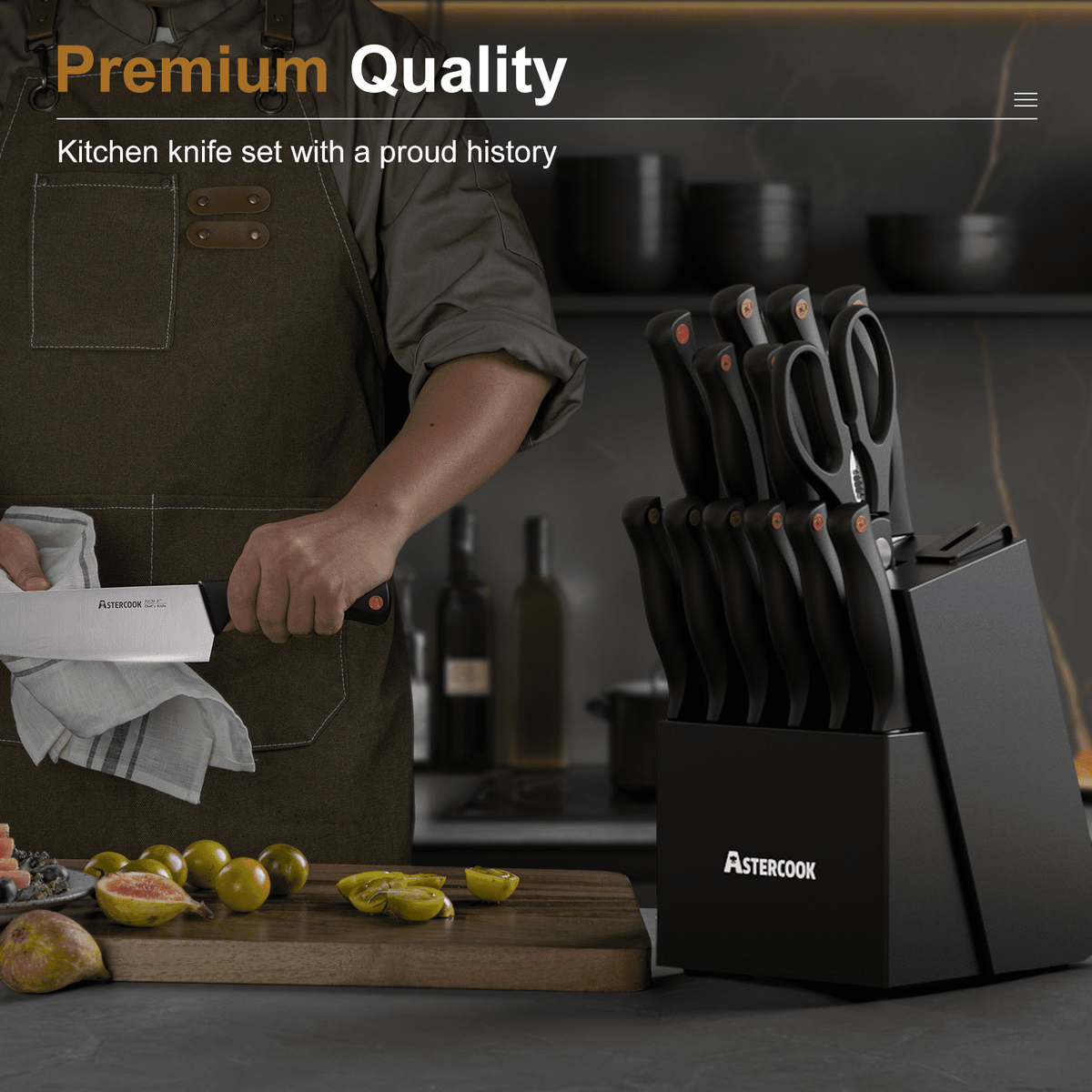 Astercook 15-Piece Kitchen Knife Set, Knives Block Set with Built-in Sharpener, Healthy Anti-Rust Coating & German Stainless Steel Knife Set, Dishwasher Safe Black