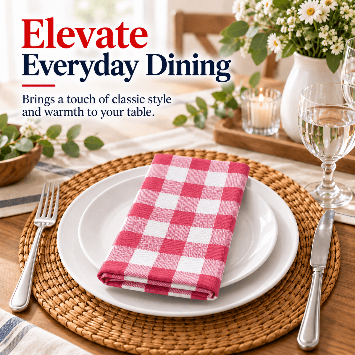 GFI LINEN CLUBS 100% Cotton Gingham Cloth Dinner Napkins, 18 x 18 in, Set of 12, Blue & White