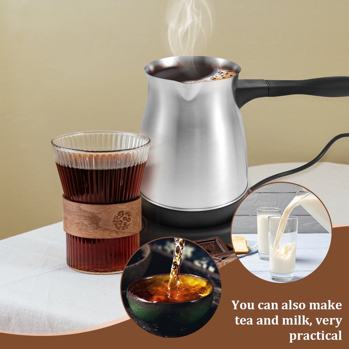 FUYGRCJ Turkish Coffee Maker, 600ml Stainless Steel Electric Turkish Coffee Machine, 5 to 6 Cups Capacity Greek Coffee Machine with Ergonomic Handle, Enduring Fast Heating 110V Turkish Coffee Maker