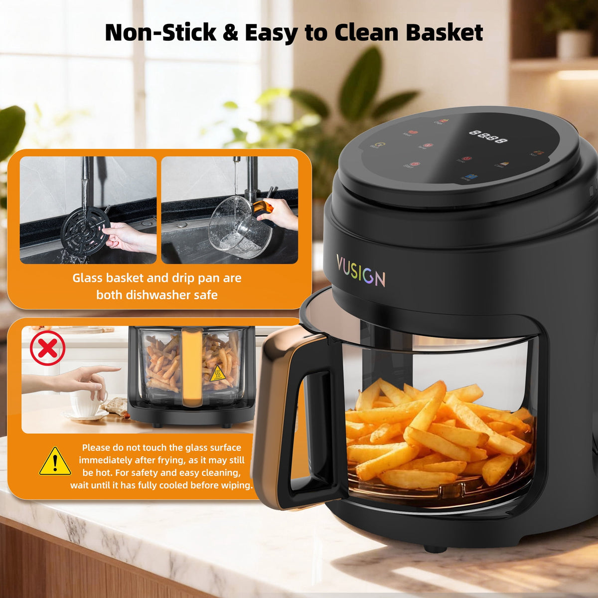 VUSIGN Air Fryer,5 Qt Glass Air Fryer with Max 410°F, LED Digital Touchscreen,Nonstick & Dishwasher Safe Basket,Black