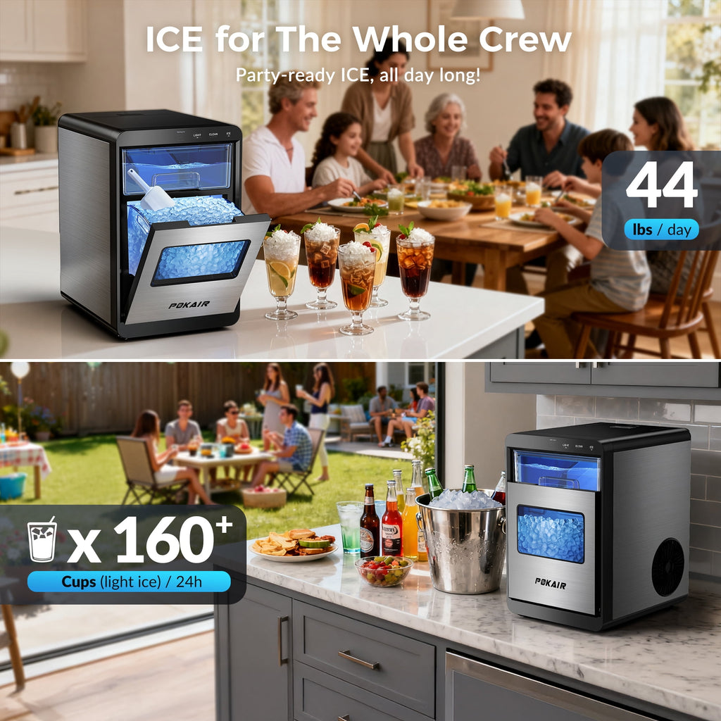 POKAIR Nugget Ice Maker Countertop, Sonic-Style Chewable Pebble Ice in 9 Min, 44 lbs/Day, Touch Screen, Self-Cleaning, ETL, Brushed Stainless Steel
