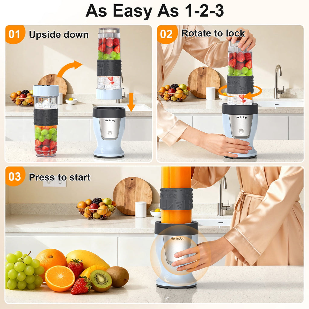 HoninJoy Portable Blender, Compact Personal Blender for-Smoothies, Shakes, Food Prep, and Frozen Blending, 20-oz. Cups and Spout Lids, Grinding Cup