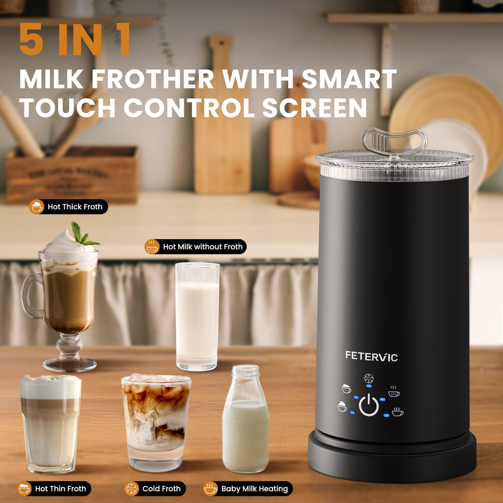 FETERVIC 5-in-1 Electric Frother, Touch Control Automatic Foam Maker, Warm Cold Heating Function for Latte Cappuccino Hot Chocolate