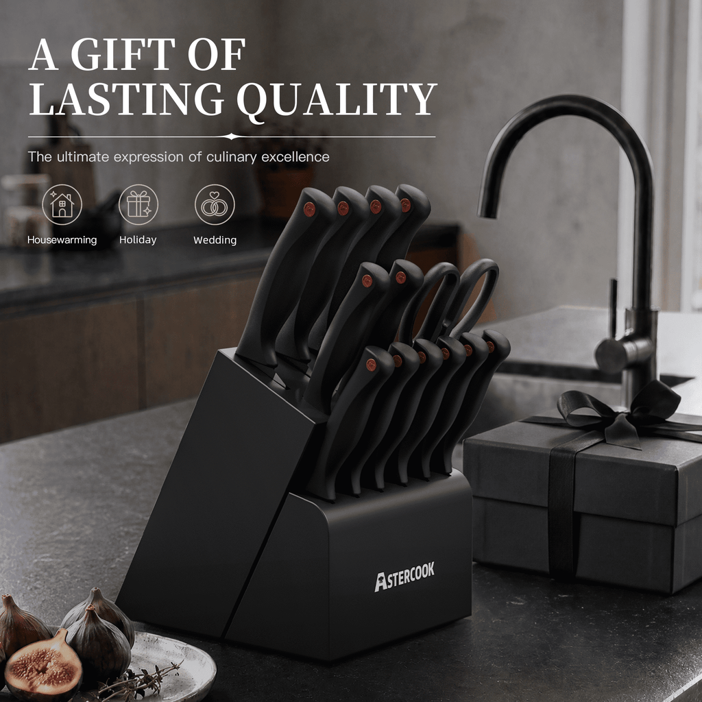 Astercook 15-Piece Kitchen Knife Set, Knives Block Set with Built-in Sharpener, Healthy Anti-Rust Coating & German Stainless Steel Knife Set, Dishwasher Safe Black