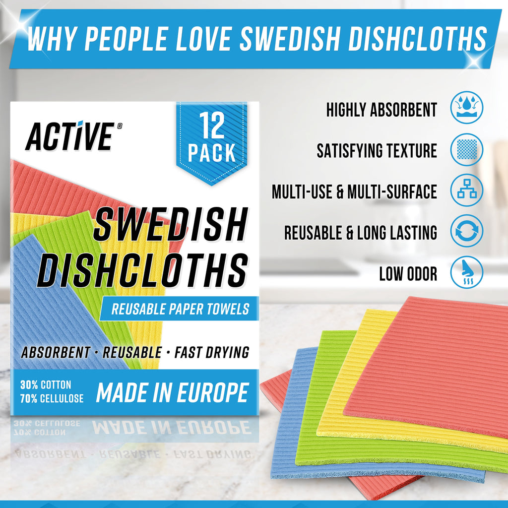 Active Swedish Dish Cloths, Reusable and Washable Cellulose Sponge Dish Towels, Multicolor, 12 Pack