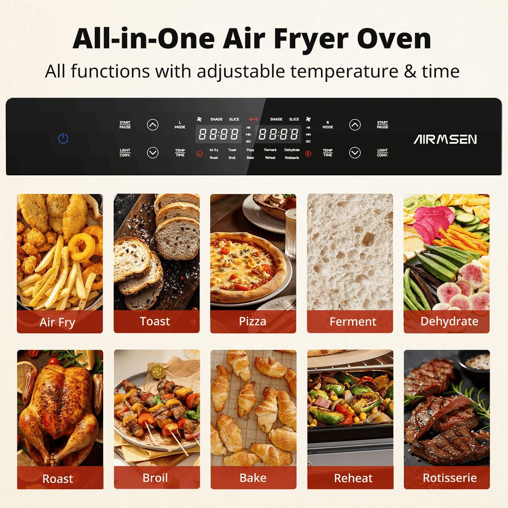 AIRMSEN 32 QT Dual Zone Air Fryer Toaster Oven Combo, 15 PCS Set, French Door Countertop Convection Oven, 1800W, 450°F Max Temp, Touchscreen, 360° Auto Rotisserie Spit, Bake, Broil, Roast