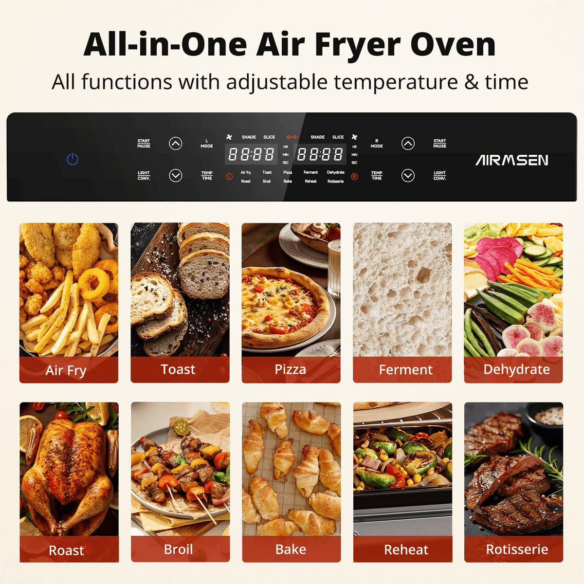 AIRMSEN 32 QT Dual Zone Air Fryer Toaster Oven Combo, 15 PCS Set, French Door Countertop Convection Oven, 1800W, 450°F Max Temp, Touchscreen, 360° Auto Rotisserie Spit, Bake, Broil, Roast