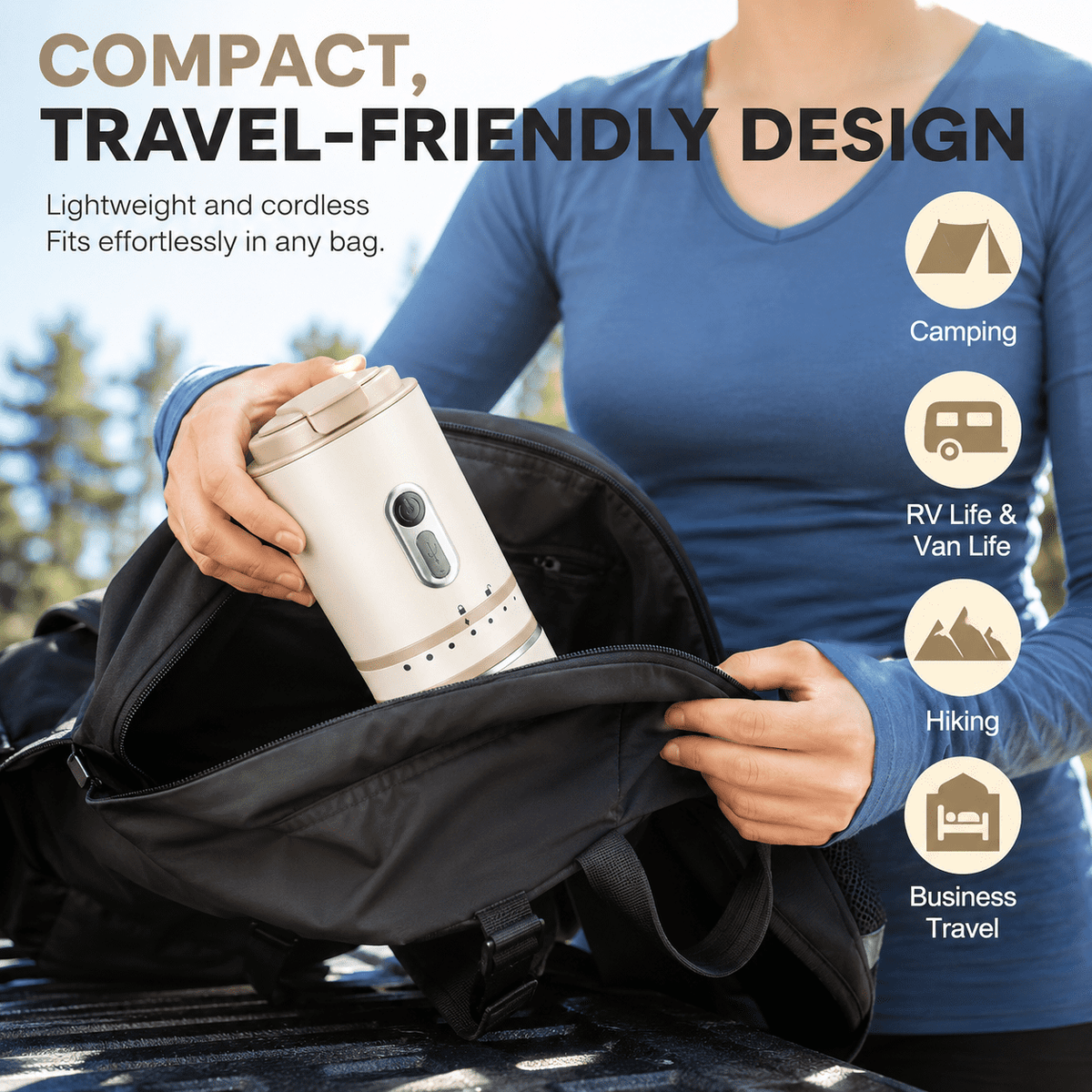 Fatomal Portable Coffee Maker, Travel Coffee Maker with Electric Grinder, Cordless Mini Coffee Machines with Insulated Mug for Travel, Camping, Car, White