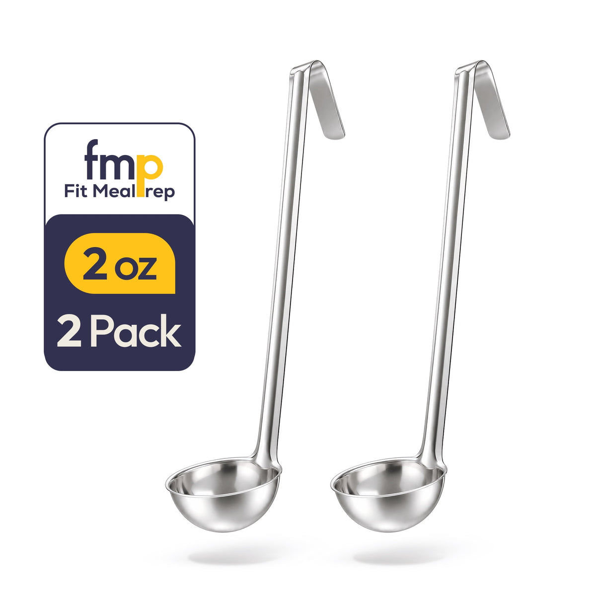[2 Pack] 6 Oz Stainless Steel Soup Ladle - One-Piece Sauce Spatula with Hook Handles, Commercial Grade Serving Spoon, Kitchen Tool for Restaurant or Home Cooking, Mirror Finish, 14.25" Long