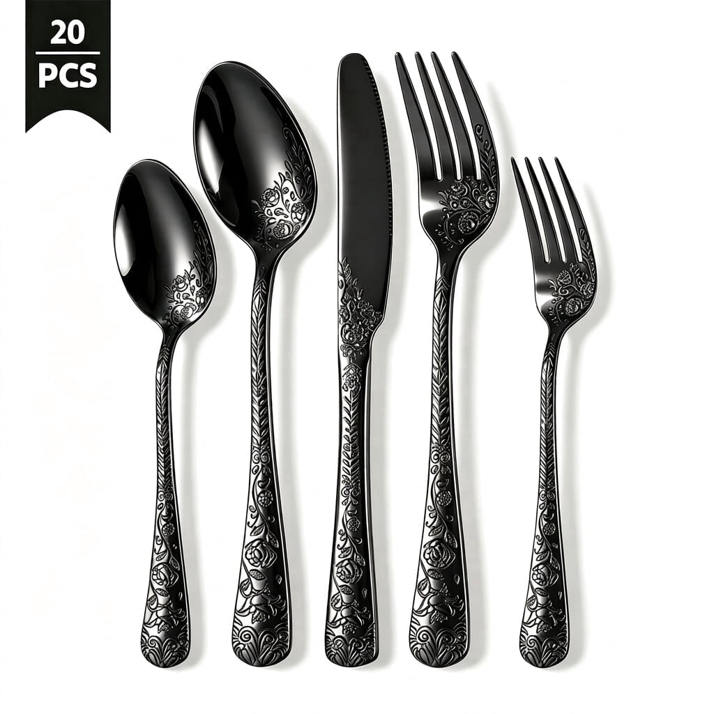 20 Pcs Floral Silverware Set Including Fork Spoon and Knife Stainless Steel Flatware Set Vintage Cutlery Set Mirror Polished Utensil Set for Kitchen Dishwasher Safe Service for 4