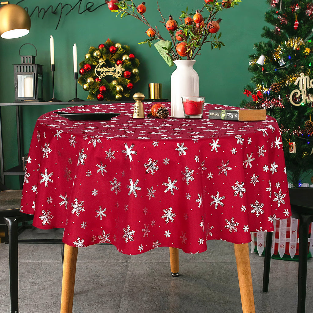 LUSHVIDA Christmas Tablecloth Rectangle -60 x84 inch Snowflake Foil Print Pattern Washable Wrinkle Resistant Holiday Tablecloths for Christmas Family Gathering, Dining Room Table Decoration