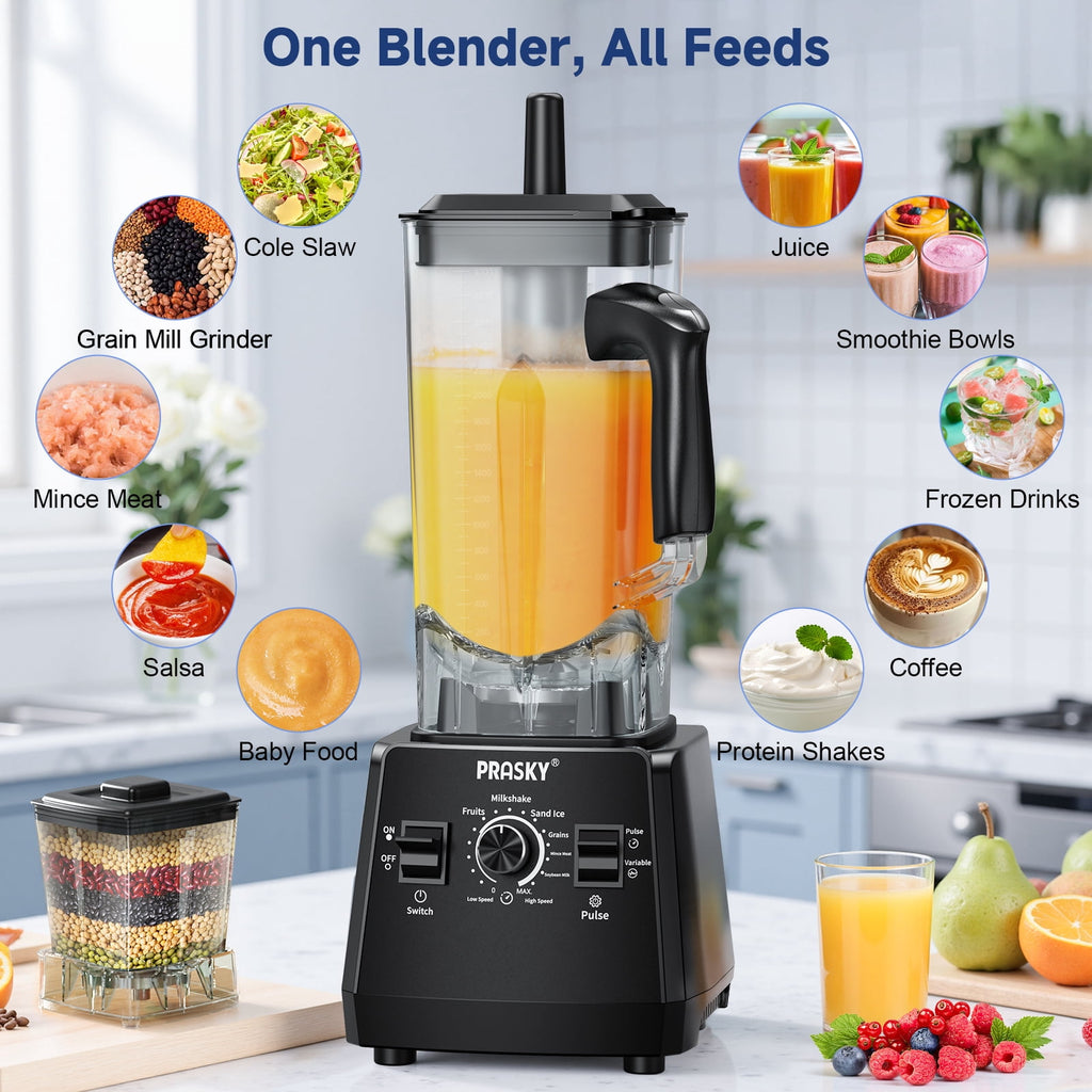 PRASKY 2-in-1 Professional Countertop Blender 96oz Large Capacity 1000W Blender for Smoothies Fruit