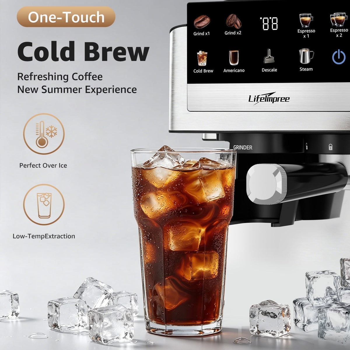LifeImpree Espresso Machine with Grinder, 20 Bar Coffee Machine for Home with Powerful Milk Frother Steam Wand, 30 Grind Settings, 1550W Coffee Maker with Portafilter for Capsules