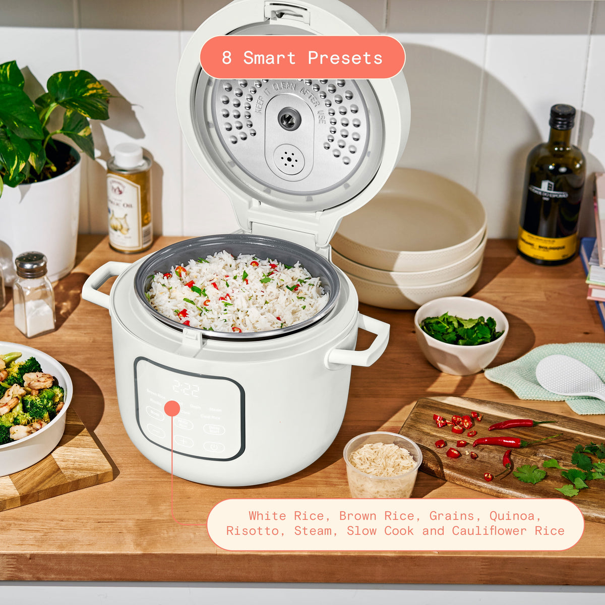 Beautiful 14-Cup Cooked, 6-Cups Uncooked Electric Rice and Grain Cooker, EverGood Ceramic Nonstick Coating, Thyme Green by Drew Barrymore