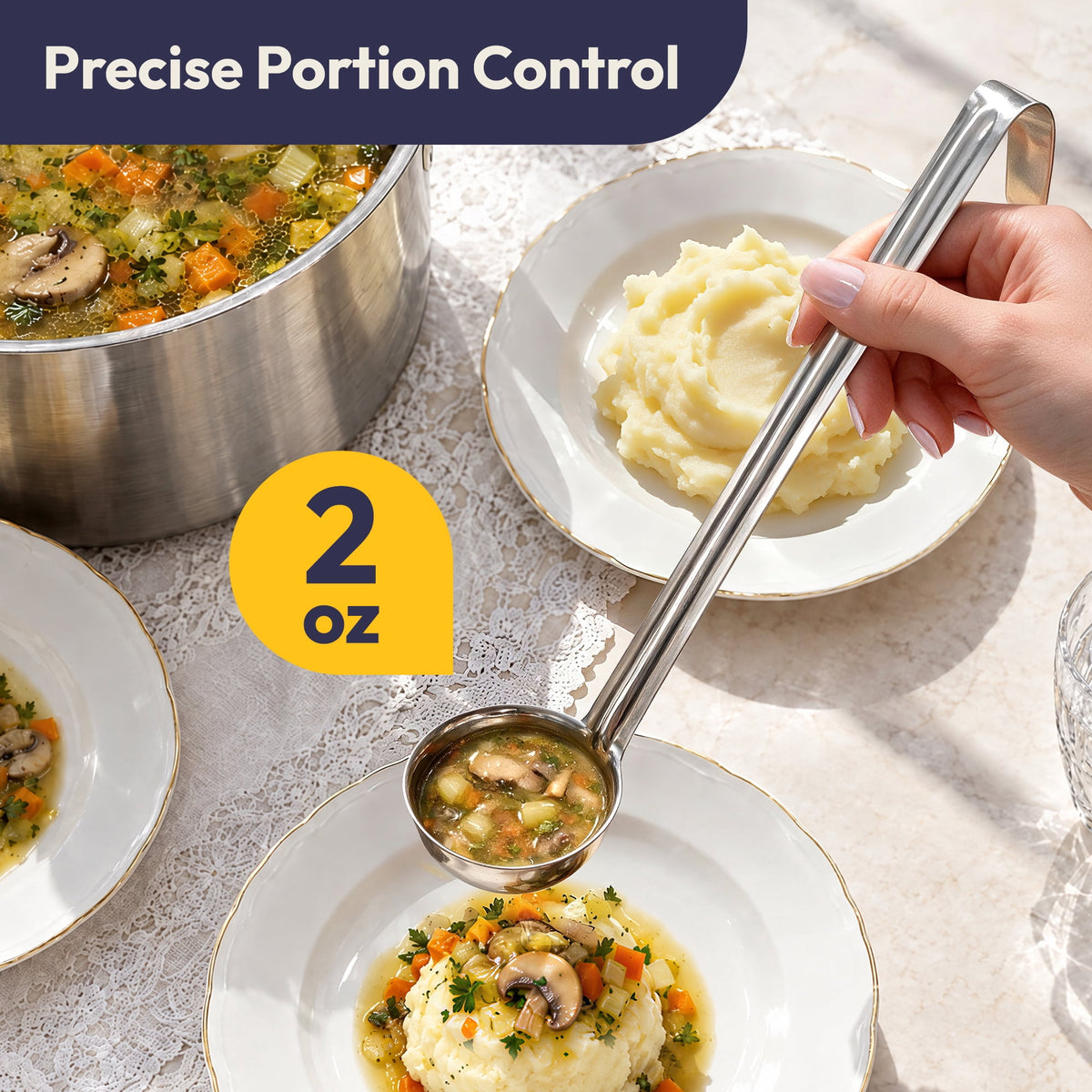 [2 Pack] 6 Oz Stainless Steel Soup Ladle - One-Piece Sauce Spatula with Hook Handles, Commercial Grade Serving Spoon, Kitchen Tool for Restaurant or Home Cooking, Mirror Finish, 14.25" Long