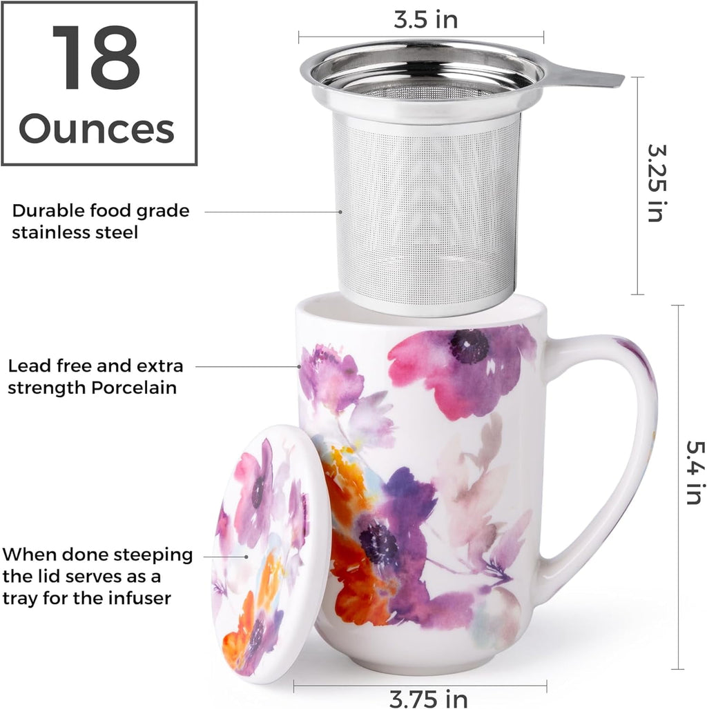 AmorArc Porcelain Tea Mug with Infuser and Lids, 18 Oz Cup Strainer Bag Holder for Loose Leaf Tea, Steeping Coffee Well-wrapped Box House-warming Wedding Birthday Gift, YelloRed