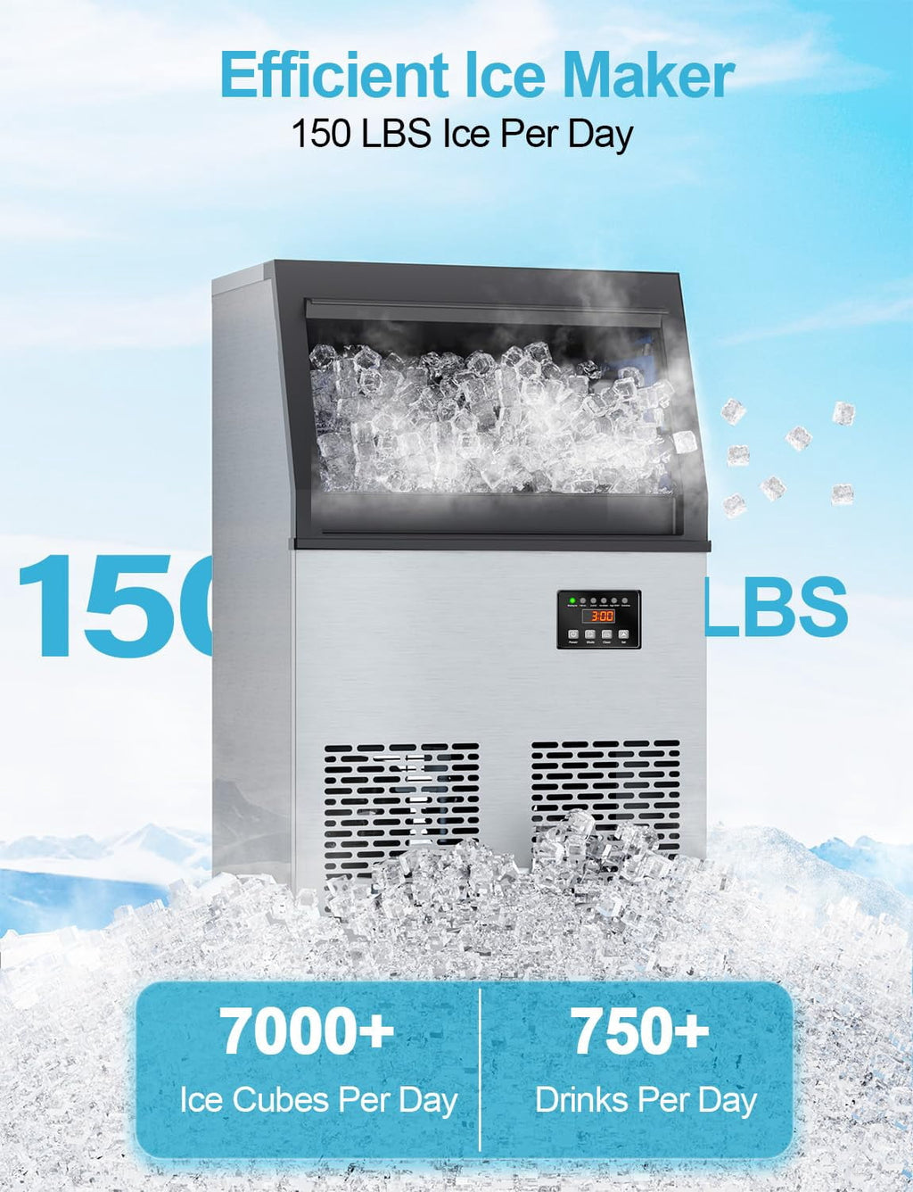 Coolski Commercial Ice Maker, 150 lbs/24H, Under Counter Ice Machine with 35 lbs Bin Capacity