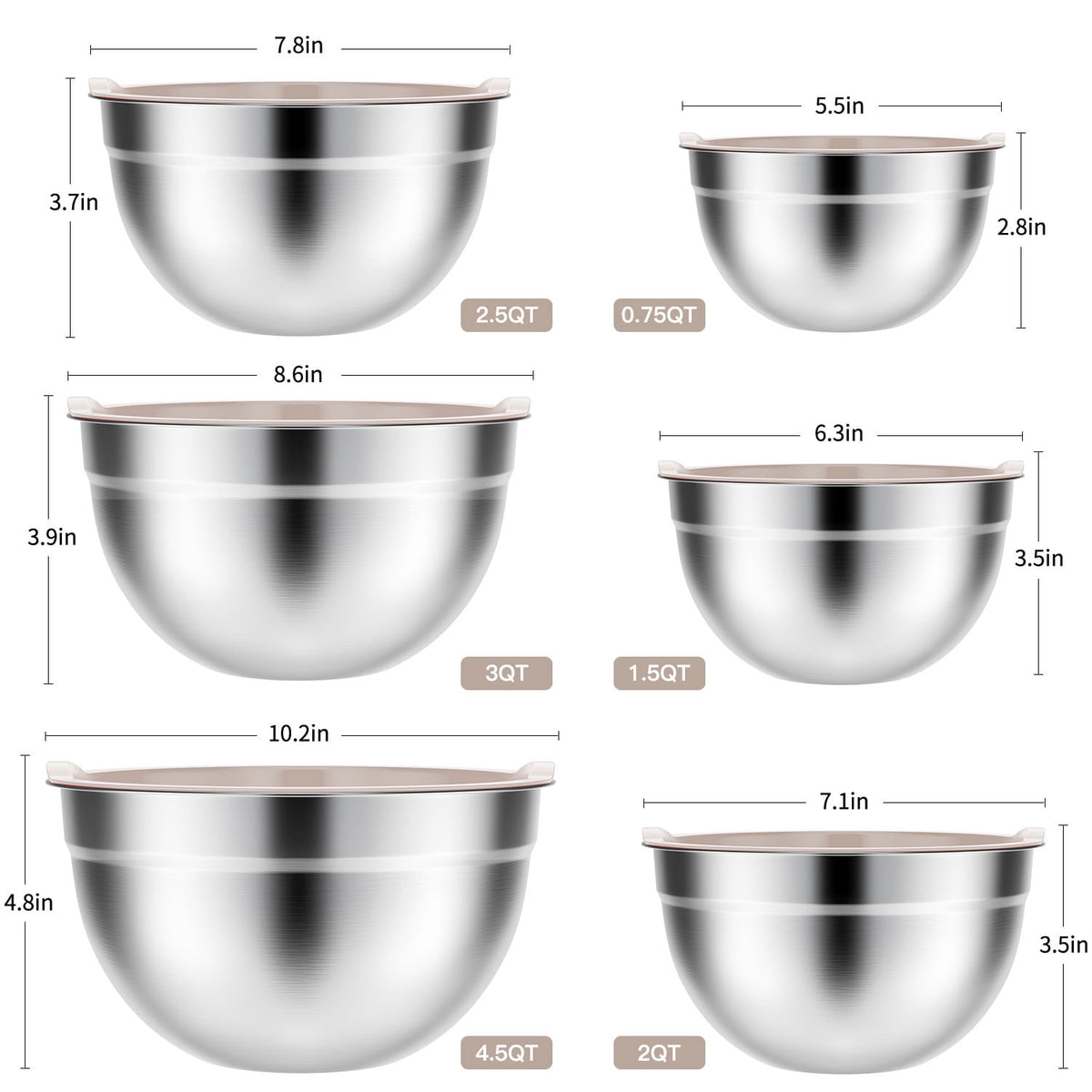 Stainless Steel Mixing Bowls Set, TINANA 6 Pack Mixing Bowls with Lids, Metal Nesting Storage Bowls for Kitchen, 4.5/3/2.5/2/1.5/0.75QT, Great for Prep, Baking, Serving, Multicolor