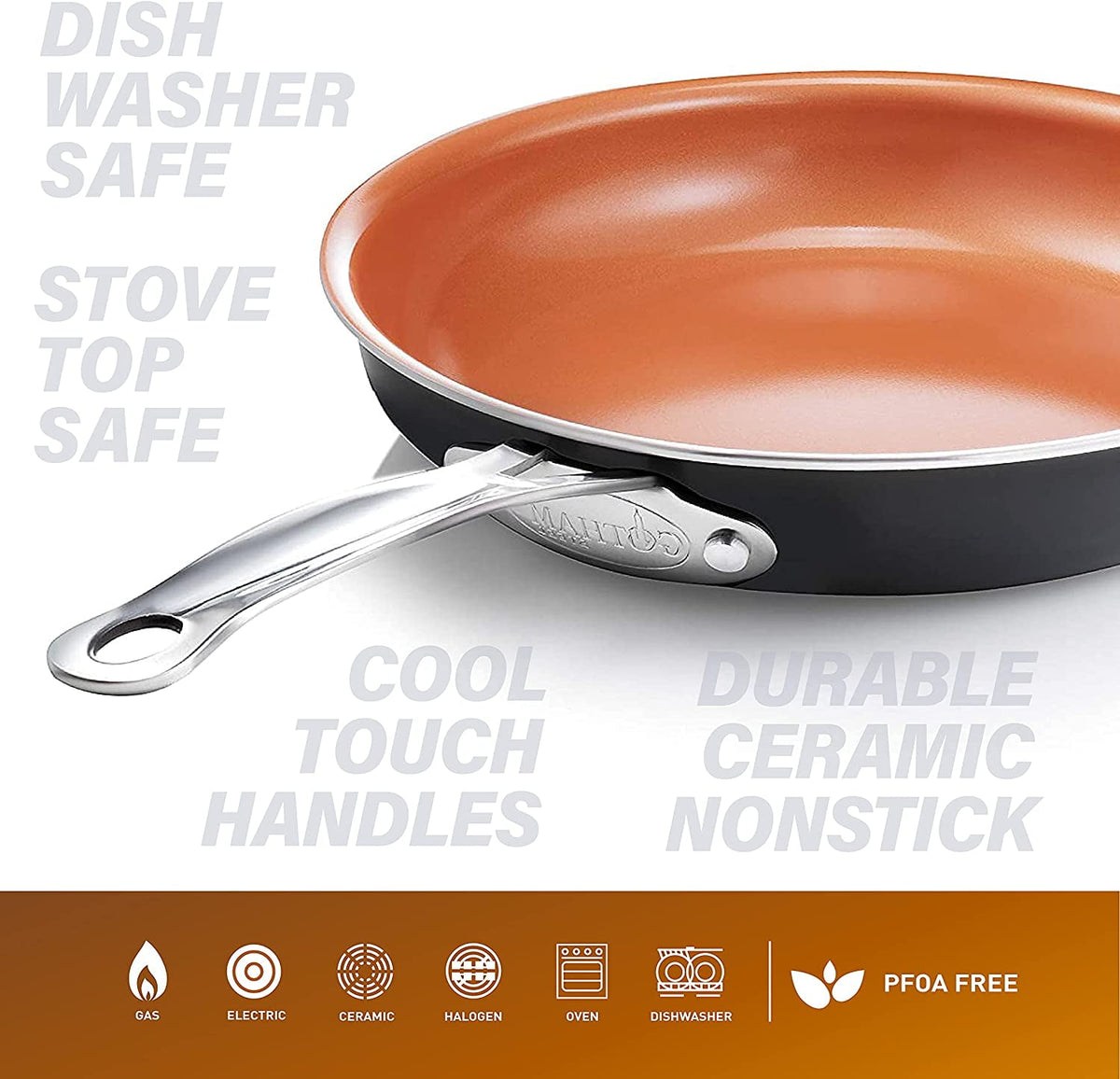 Gotham Steel 9.5 Inch Copper Non Stick Frying Pans, Ceramic Non Toxic Frying Pans Nonstick Skillet, Lightweight, Stay Cool Handle, Oven and Dishwasher Safe