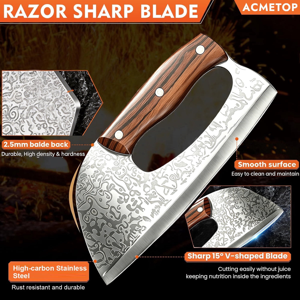ACMETOP Kitchen Knife Meat Cleaver Knife Unique Ergonomic Handle Professional Stainless Steel Butcher Knife for Meat Vegetable