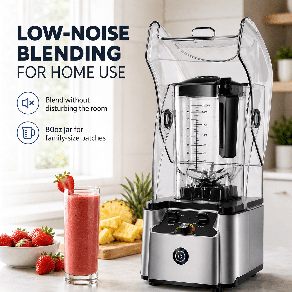 WantJoin Blender-Commercial Blender with Soundproof Shield, Enclosure 2200W ,Quiet Professional-Grade Power,Self-Cleaning,Gray
