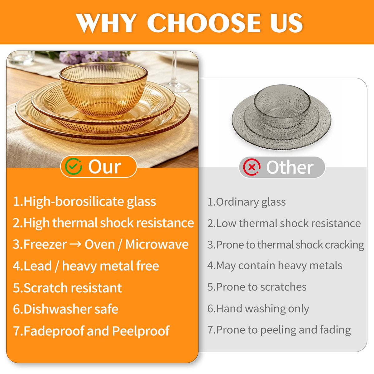 TINANA 12 Piece Amber Glass Dinnerware Set, Stackable Plates and Bowls Set, Service for 4, Microwave & Dishwasher Safe